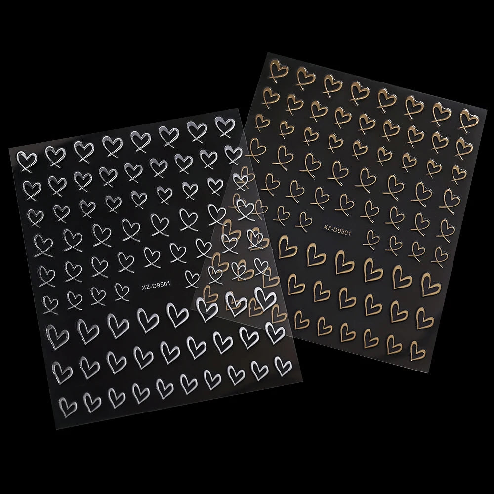 8-Sheet 3D Heart Nail Stickers – Cute Pink Black White Gold Self-Adhesive Nail Art Decals (8×10cm)