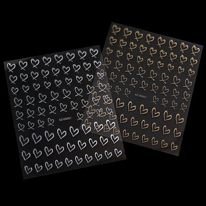 8-Sheet 3D Heart Nail Stickers – Cute Pink Black White Gold Self-Adhesive Nail Art Decals (8×10cm)