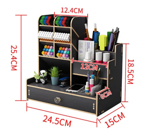 Organizador de escritorio de madera – Caja de almacenamiento de bricolaje para escritorio con cajón, portalápices de gran capacidad para organización de papelería de oficina, escuela y hogar