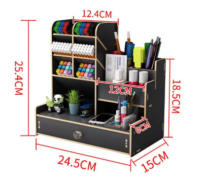 Organizador de escritorio de madera – Caja de almacenamiento de bricolaje para escritorio con cajón, portalápices de gran capacidad para organización de papelería de oficina, escuela y hogar