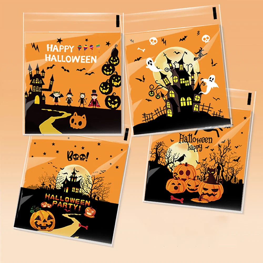 100PCS Halloween Self-Adhesive Treat Bags – Clear Candy & Cookie Packaging Bags for Kids’ Birthday Parties, Party Favors & Gifts