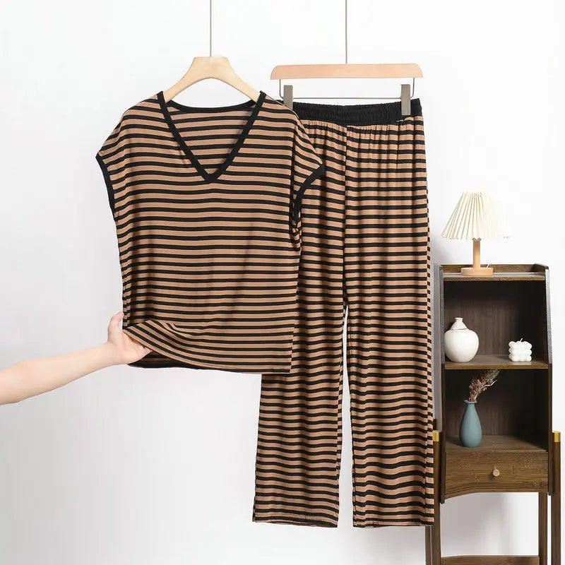 XL-8XL Plus Size Modal Pajama Set – 2PCS Short-Sleeve Striped T-Shirt & Pants, Lightweight Summer Loungewear for Home & Sleep
