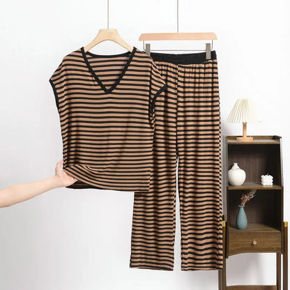 XL-8XL Plus Size Modal Pajama Set – 2PCS Short-Sleeve Striped T-Shirt & Pants, Lightweight Summer Loungewear for Home & Sleep