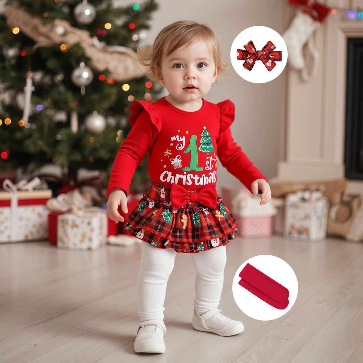 My First Christmas Baby Girl Outfit – Newborn Xmas Romper with Ruffle Tutu Skirt & Headband, Cute Holiday Dress