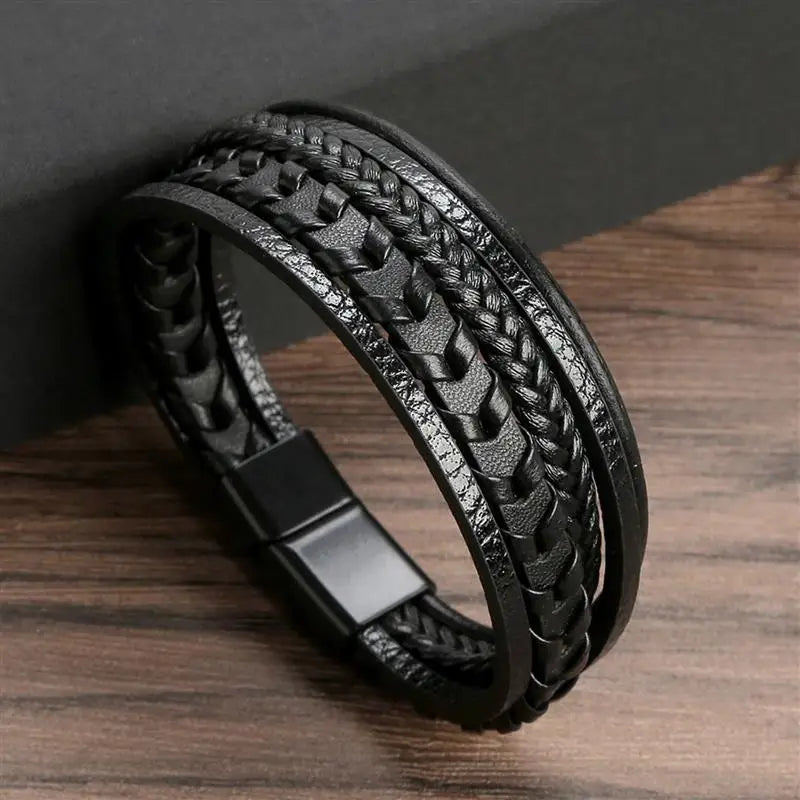 Pulsera de cuero clásica para hombre – Pulsera multicapa tejida a mano para hombre | Accesorio de joyería de moda casual, regalo