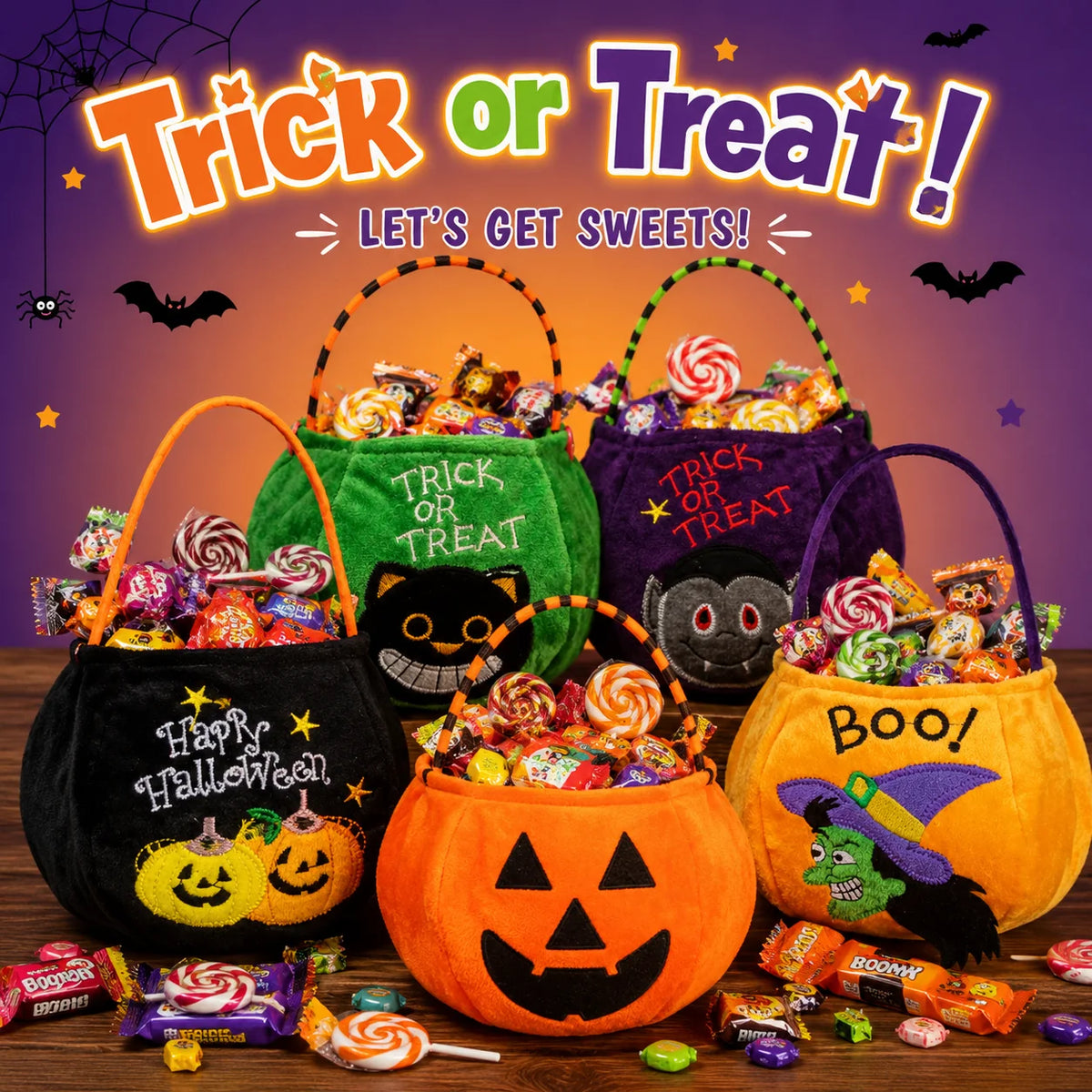 1PC Halloween Plush Candy Bag, Pumpkin Cat Vampire Witch Treat Basket, Portable Trick or Treat Tote for Kids, Halloween Party Decorations, Candy Storage and Gift Bag