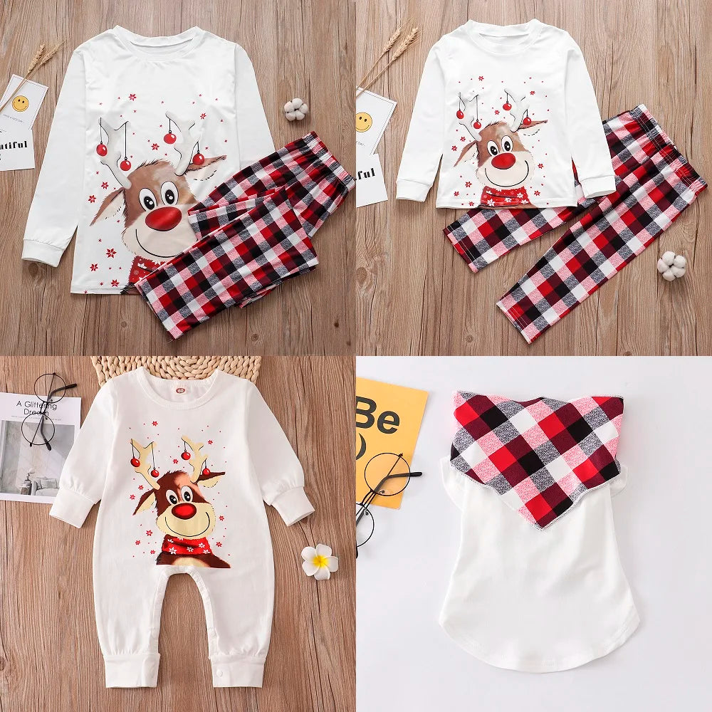 Family Matching Christmas Pajamas Set – Deer Print Tops & Pants Xmas Sleepwear for Mother & Kids, Baby Romper & Pet Dog Clothes