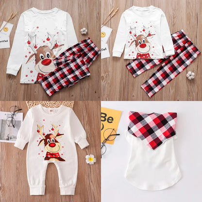 Family Matching Christmas Pajamas Set – Deer Print Tops & Pants Xmas Sleepwear for Mother & Kids, Baby Romper & Pet Dog Clothes