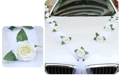 Décoration de voiture de mariage artificielle rose blanche – Ruban de fleurs en soie pour véhicules de mariée et poignées de porte