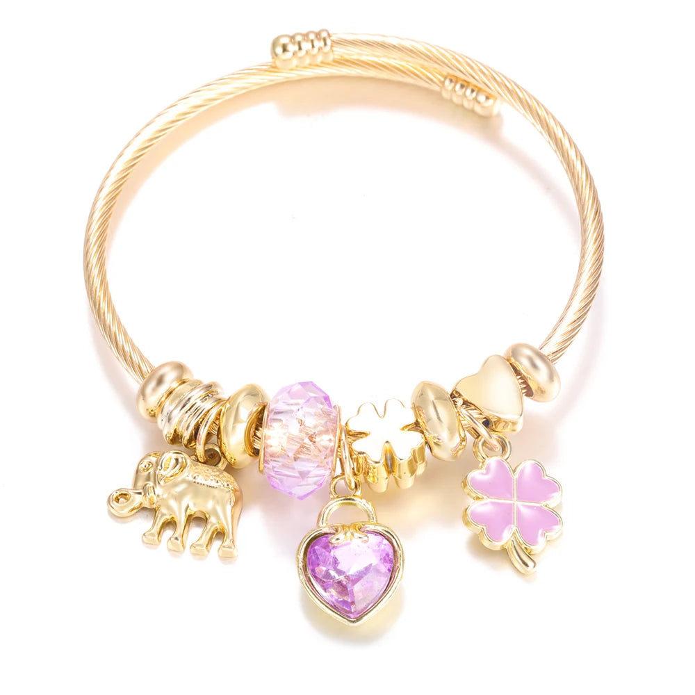 Pulsera con colgante de corazón y cuentas – Pulsera de abalorios de acero inoxidable de 4 colores para mujer | Regalo de joyería de moda dorada de tendencia
