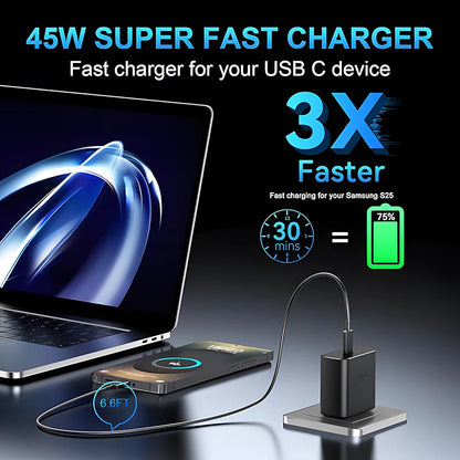 45W Super Fast Charger with USB-C Cable – Portable Fast Charging Adapter & Data Cable for Samsung Galaxy S25 Ultra, S24, S23, S22, S21 & Note 20