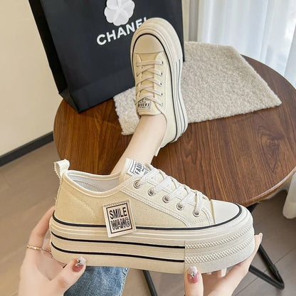 Women's Platform Canvas Sneakers Lace-Up Casual Walking Shoes Comfortable Fashion Trainers