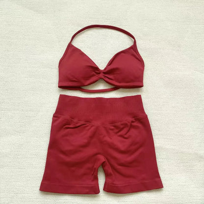 Women’s Seamless Yoga Set – 2PCS Strappy Sports Bra & High Waist Scrunch Shorts Gym Workout Outfit