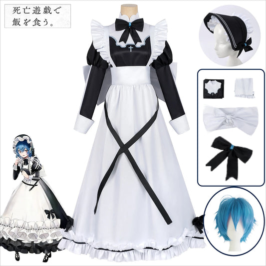 Disfraz de Cosplay de Mucama de Juego Mortal – Atuendo de Mucama Fantasma Aoi | Vestido Estilo Lolita Anime con Conjunto de Sombrero (Mujer)