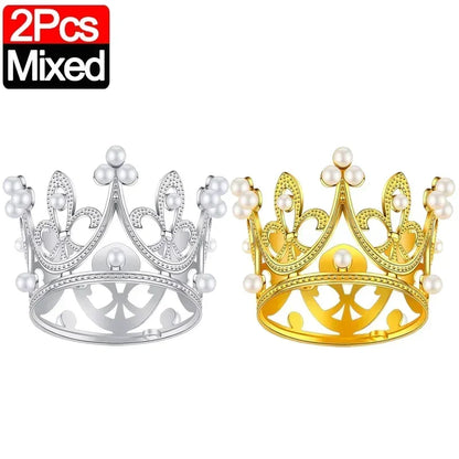 Mini Couronne de Gâteau – Décoration de Tiara de Perles Dorées et Argentées pour Mariages, Anniversaires et Fêtes Prénatales