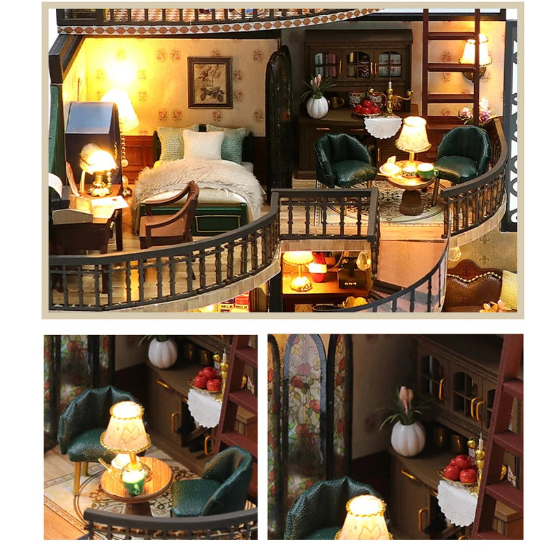 Wooden Dollhouse 3D Puzzle Kit – DIY Miniature Room Model with Furniture & LED Lights Home Decoration