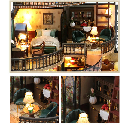 Wooden Dollhouse 3D Puzzle Kit – DIY Miniature Room Model with Furniture & LED Lights Home Decoration