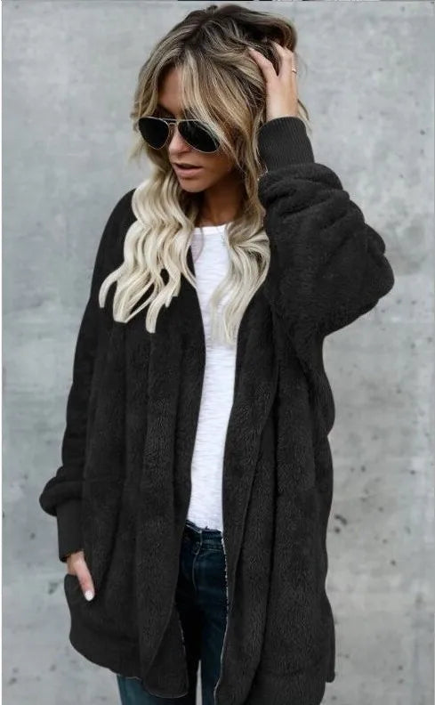 Women’s Double-Fleece Hooded Cardigan Jacket – Solid Color Plush Warm Coat with Long Sleeves, Oversized Autumn & Winter Outerwear