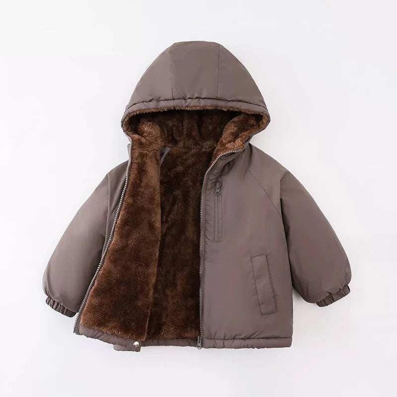 Kids Double-Sided Fleece Hooded Jacket, Thick Warm Winter Cotton-Padded Coat for Boys and Girls Ages 3-8, Solid Color Autumn Outerwear