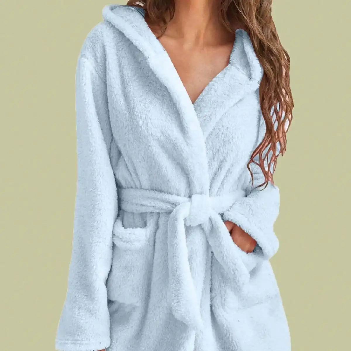 Women’s Hooded Fleece Robe – Solid Color Cozy Warm Bathrobe with Belt for Autumn & Winter Home Wear