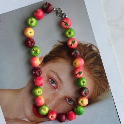 Colorful 3D Fruit Beaded Necklace – Multicolor Exaggerated Chain with Pomegranate, Strawberry & Tomato Designs, Statement Fashion Jewelry