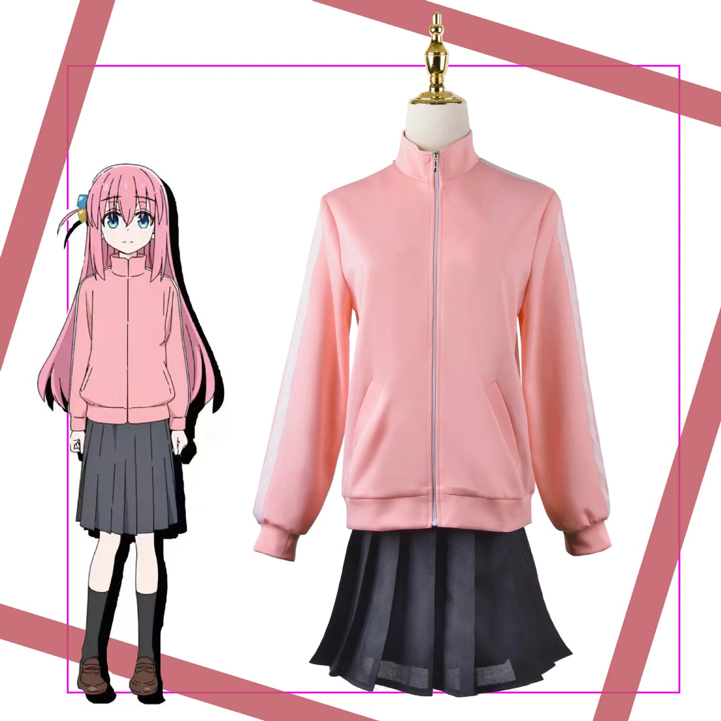 Bocchi the Rock! Cosplay Costume – Hitori Gotou / Ryou Yamada / Nijika Ijichi Pink School Uniform Set (Women’s Halloween Outfit)