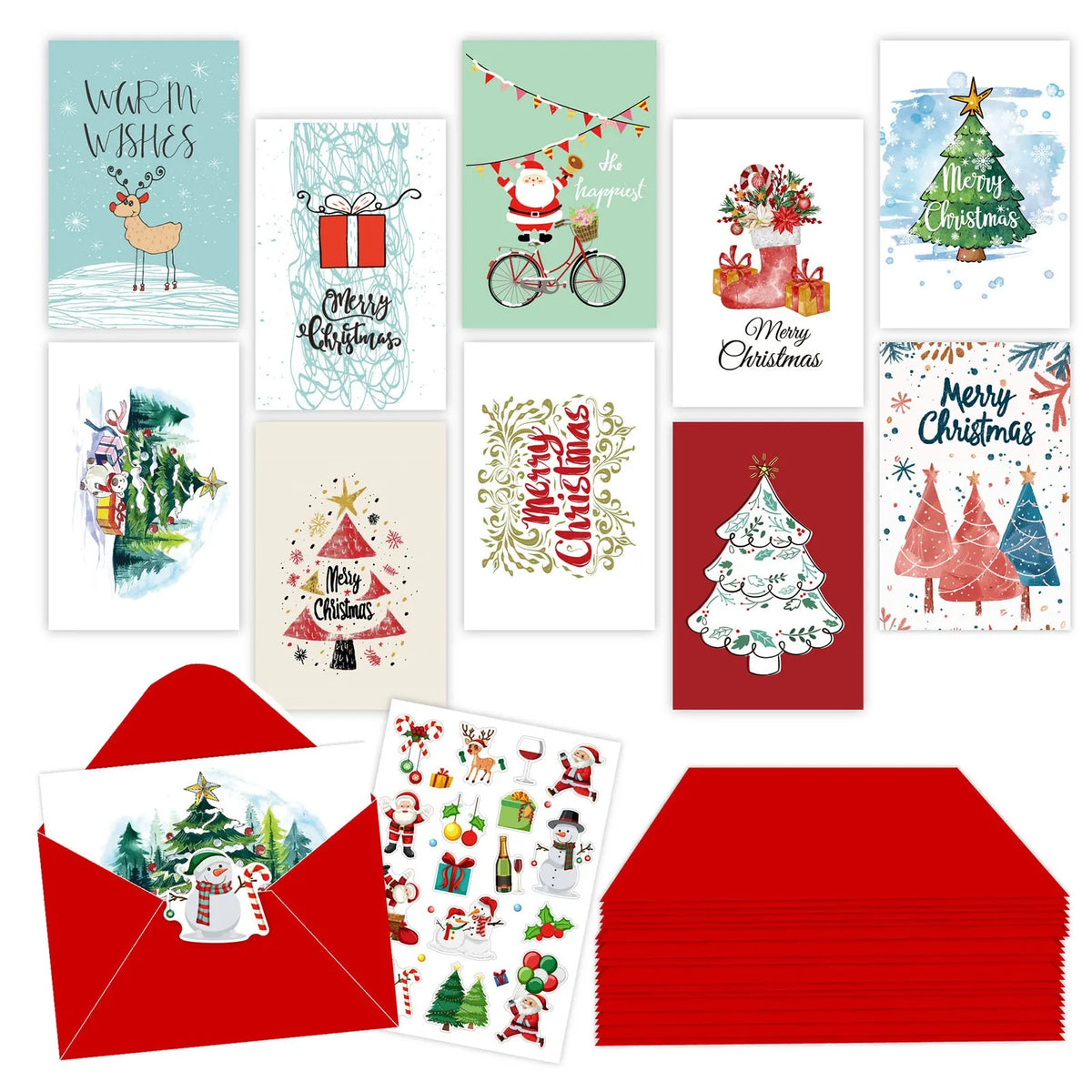 10PCS Christmas Fold Greeting Cards with Envelopes – Merry Christmas & New Year DIY Gift Cards for Xmas Party Decor