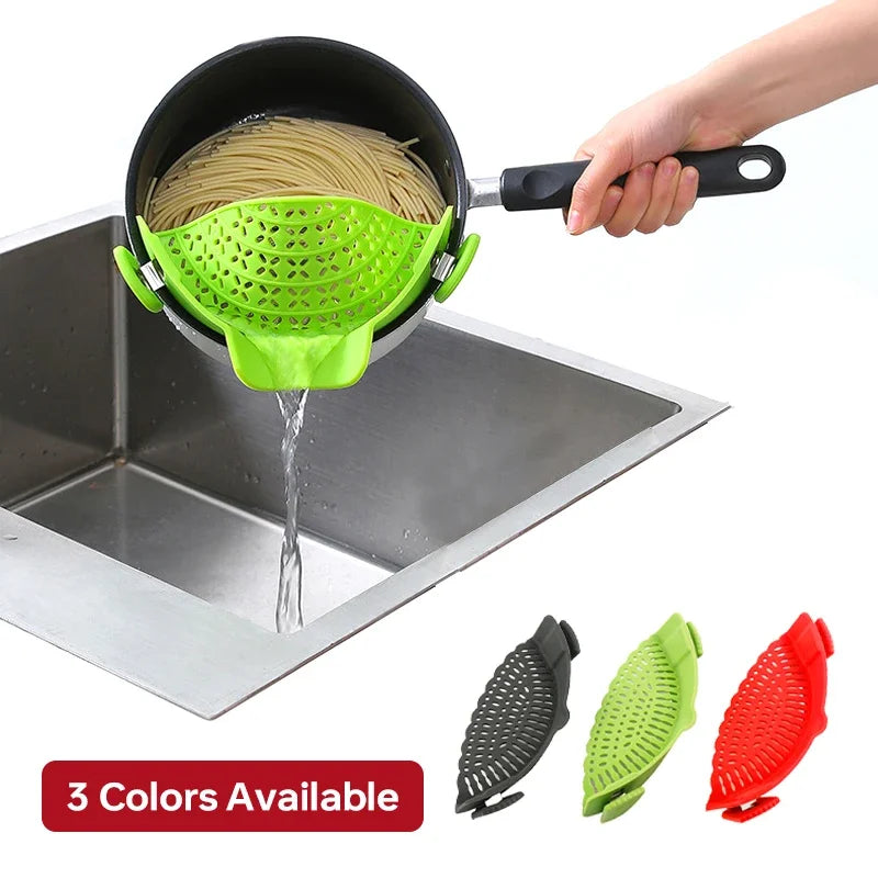 Universal Silicone Clip-On Pot Strainer – Food-Grade Anti-Spill Pasta Colander with Secure Pan Attachment, Reusable Fruit & Vegetable Drainer