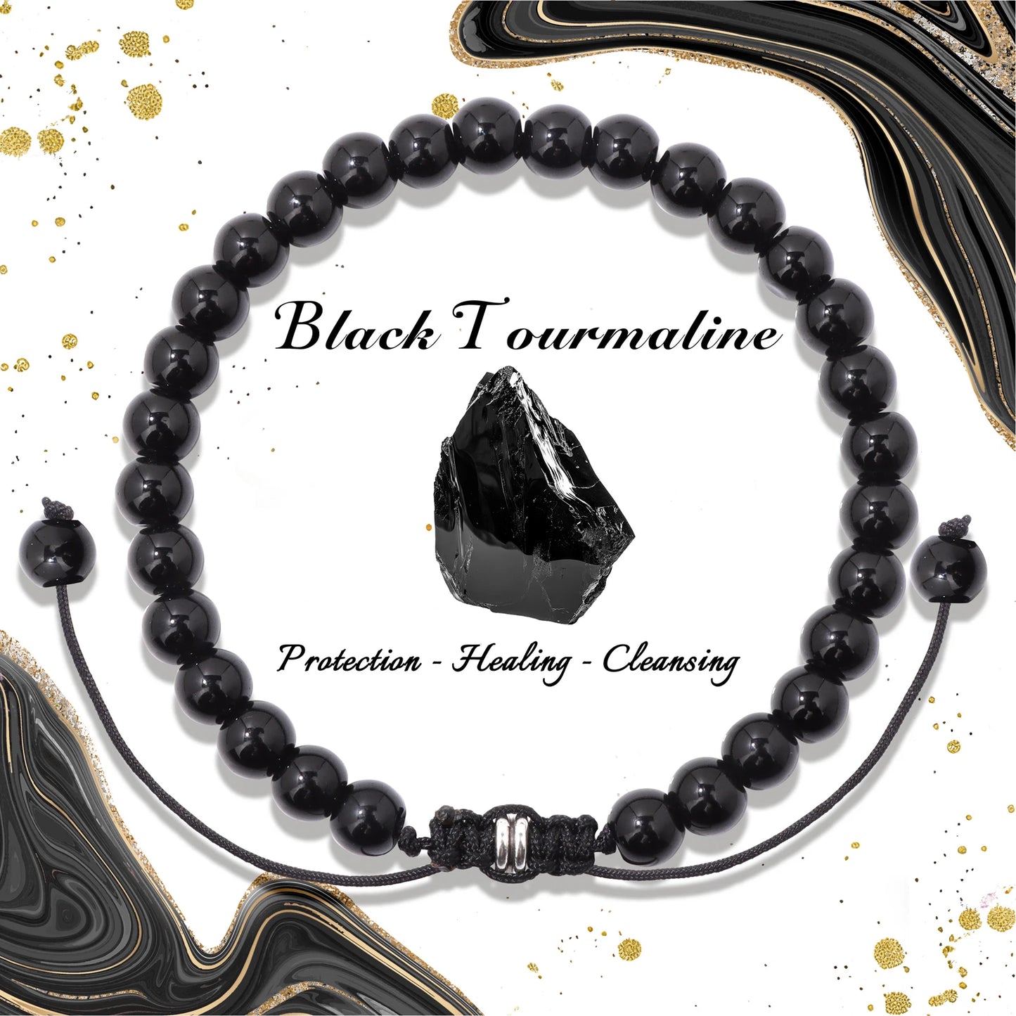 Bracelet perles de tourmaline noire naturelle – Bracelet ajustable tressé en corde avec carte cadeau pour hommes et femmes