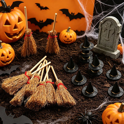 20PCS Mini Witch Hats & Brooms Cake Toppers – Halloween Wizard Hat Cake Decorations for Wedding, Birthday Party & DIY Crafts