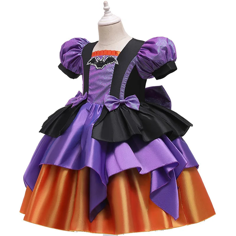 Girls Pumpkin Halloween Costume Dress – Fancy Bat Print Witch Princess Ball Gown for Cosplay, Festival & Party