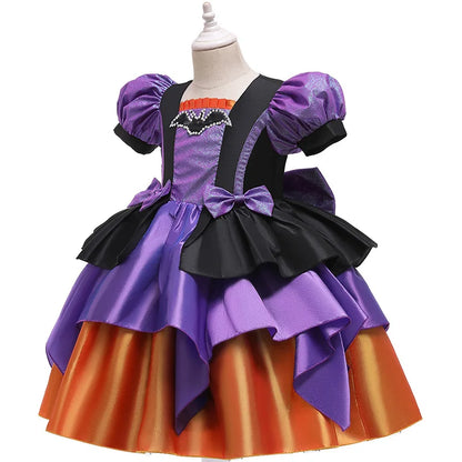Girls Pumpkin Halloween Costume Dress – Fancy Bat Print Witch Princess Ball Gown for Cosplay, Festival & Party
