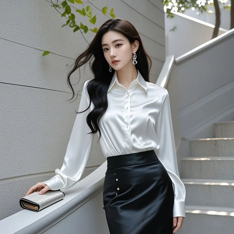 Chemisier en Soie Satinée à Manches Longues pour Femme – Chemise de Bureau Élégante Ample Boutonnée, Haut de Travail Professionnel d'Automne