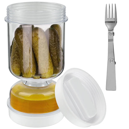 Pickle & Olive Storage Jar with Fork – Dual Dry & Wet Dispenser Hourglass Container, Cucumber & Pickle Keeper with Juice Separator for Kitchen