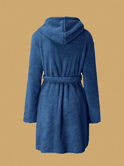 Women’s Hooded Fleece Robe – Solid Color Cozy Warm Bathrobe with Belt for Autumn & Winter Home Wear
