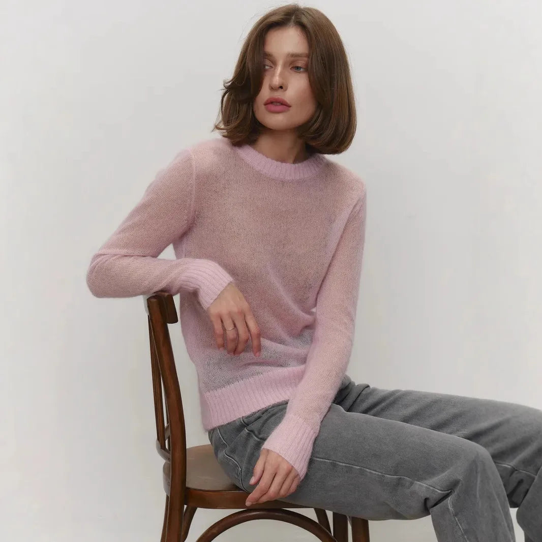 Women’s Classic Mohair Knitted Sweater Top Spring Summer Loose O-Neck Micro Sheer Cool Knit Shirt