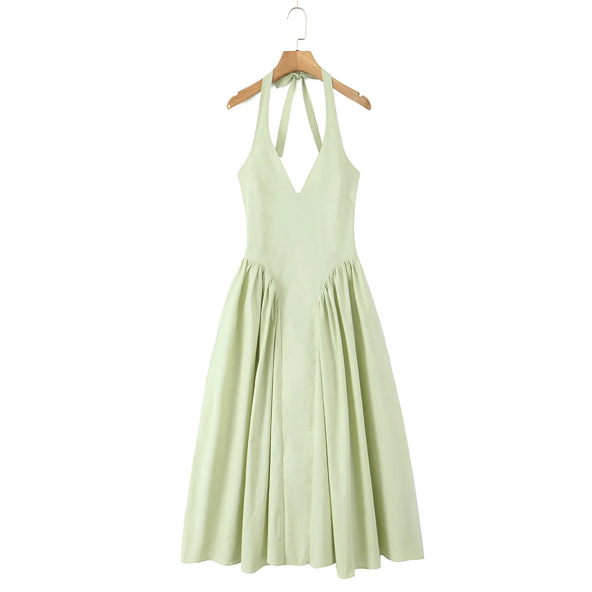 YENKYE Women’s Sexy Backless Green Halter Midi Dress Elegant Low Waist A-Line Cotton Summer Evening Party Robe