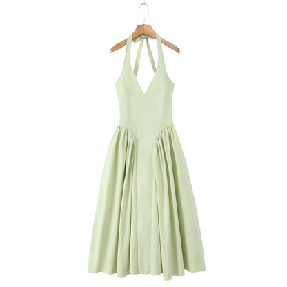YENKYE Women’s Sexy Backless Green Halter Midi Dress Elegant Low Waist A-Line Cotton Summer Evening Party Robe