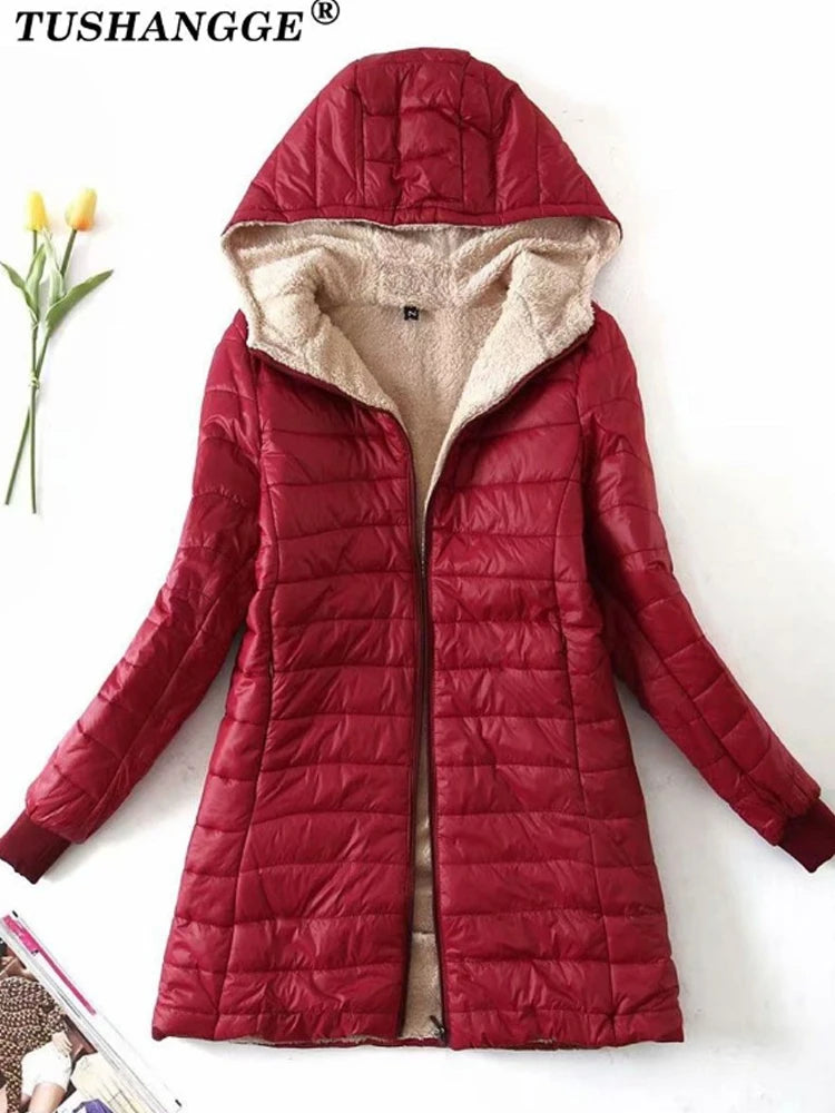 Women’s Korean-Style Mid-Length Hooded Coat – Warm Cotton Parka with Lamb Fleece, Casual Office Jacket for Autumn & Winter