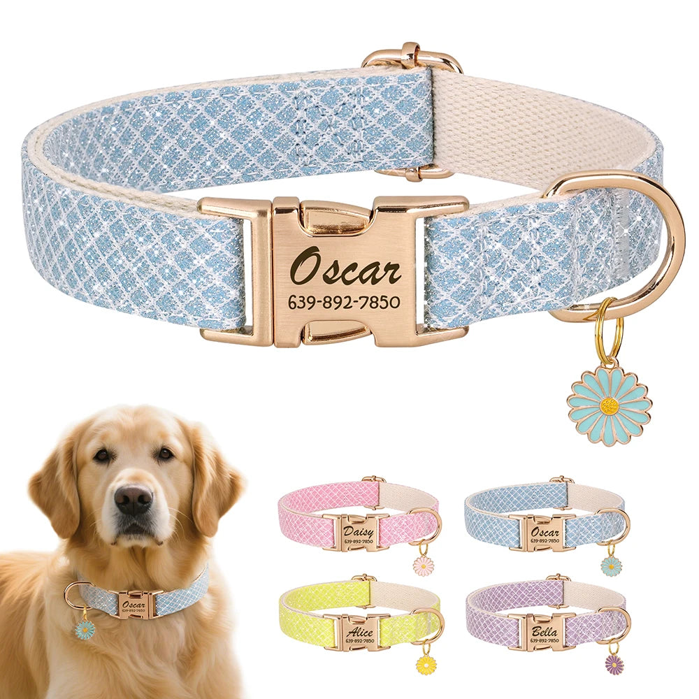 Custom Bling Nylon Dog Collar – Personalized Engraved ID Name Collar with Cute Flower Tag for Small & Medium Dogs and Cats