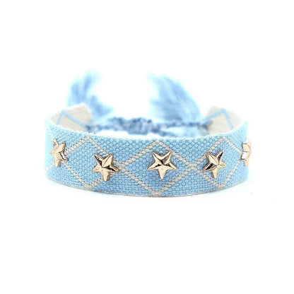 Bohemian Star Tassel Bracelet – Handmade Woven Alloy Gold Rivet Wrist Strap for Women | Ethnic Fashion Jewelry Gift