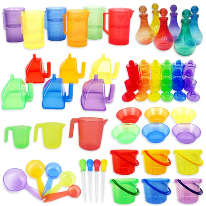 Kit de jeu sensoriel Montessori sable et eau – Jouet d'apprentissage STEM ouvert avec gobelets doseurs arc-en-ciel, entonnoirs, pelles, pinces et tuyaux, jouet d'activité créative en extérieur pour enfants