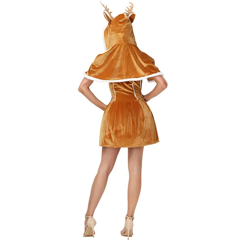 Women's Christmas Reindeer Costume Hooded Cape, Cute Santa Girl Deer Elk Cosplay Outfit for Christmas, New Year Parties, Stage Performances and Holiday Dress-Up Events