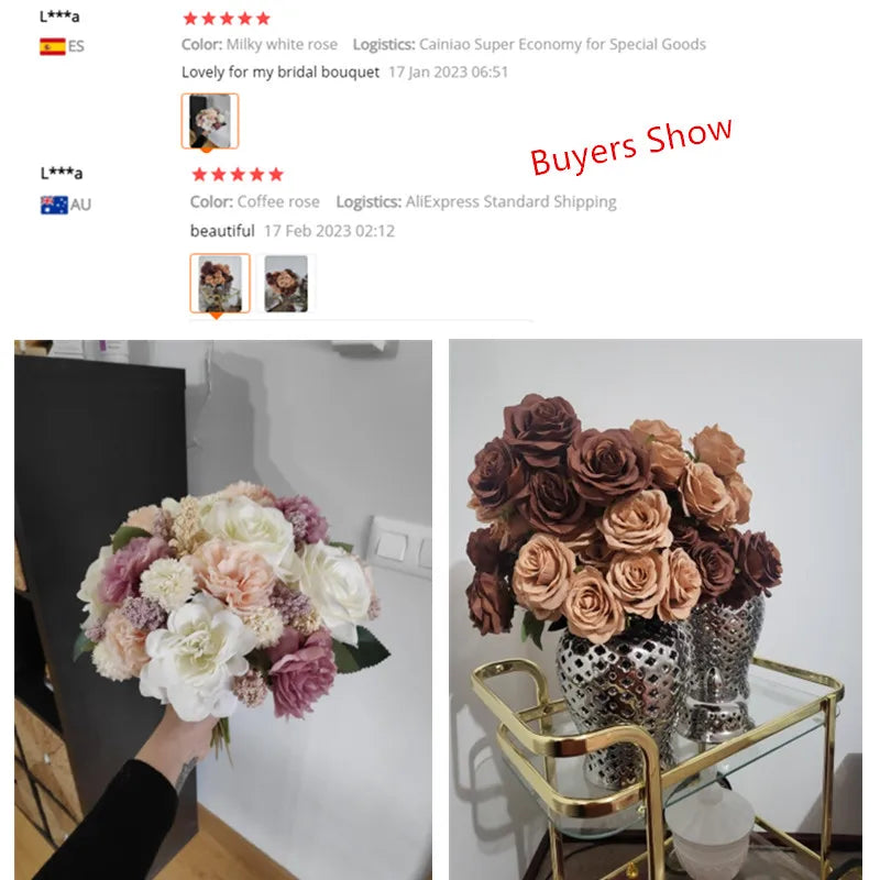 9 Heads Artificial Camellia Rose Bouquet – Realistic Faux Flowers for Wedding Decor, Party Displays, Home Decoration & Floral Gifts