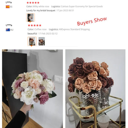 9 Heads Artificial Camellia Rose Bouquet – Realistic Faux Flowers for Wedding Decor, Party Displays, Home Decoration & Floral Gifts