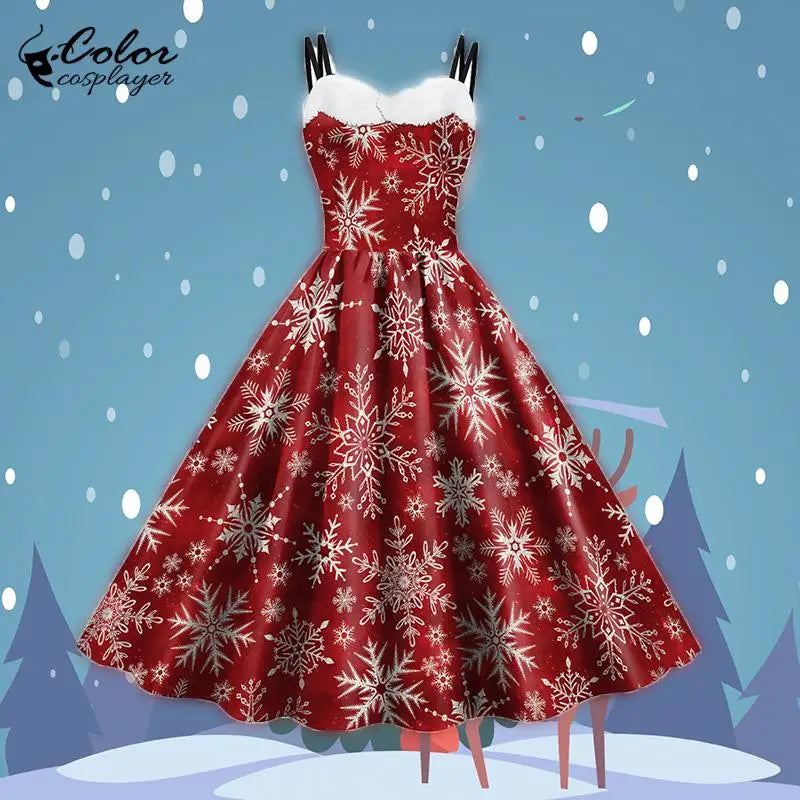 Women's Red Christmas Party Dress with 3D Snowflake Pattern, Vintage Chiffon Suspender Skirt Cosplay Costume, Festive Holiday Dress for Christmas Parties and New Year Celebrations