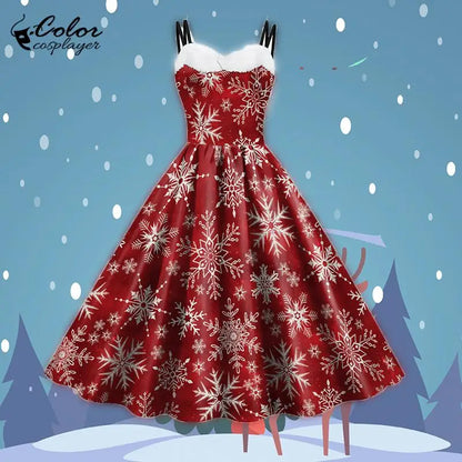 Women's Red Christmas Party Dress with 3D Snowflake Pattern, Vintage Chiffon Suspender Skirt Cosplay Costume, Festive Holiday Dress for Christmas Parties and New Year Celebrations