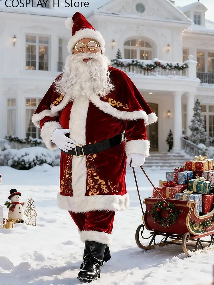 Men's Santa Claus Costume Set Gold Foil Print Christmas Outfit, Sizes M–6XL, Festive Holiday Cosplay Performance Suit for Christmas Parties and Halloween Dress-Up