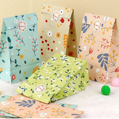 12/24PCS Plant Pattern Kraft Paper Gift Bags with Stickers for Candy, Cookies, Bakery Treats & Gift Packaging