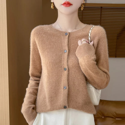 Women's 100% Merino Wool Long-Sleeve Sweater – O-Neck Knit Cardigan-Style Top for Spring & Autumn, Soft Basic Fashion Knitwear